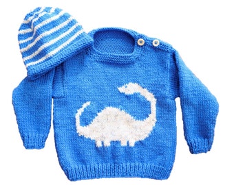 Knitting Pattern for Baby Dinosaur Sweater and Hat 3-24 months, Aran Sweater and Hat Diplodocus, Baby Jumper and Hat set, Digital Download