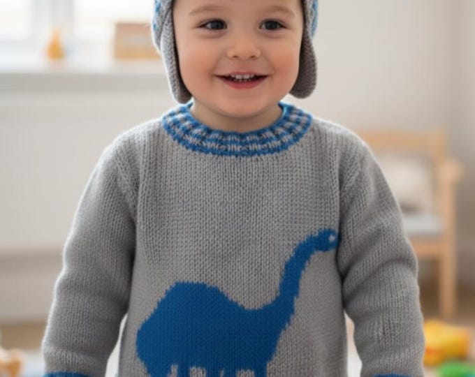 Dinosaur Sweater Knitting Pattern: Brontosaurus Aran/Worsted Jumper & Hat (4-13 Years)
