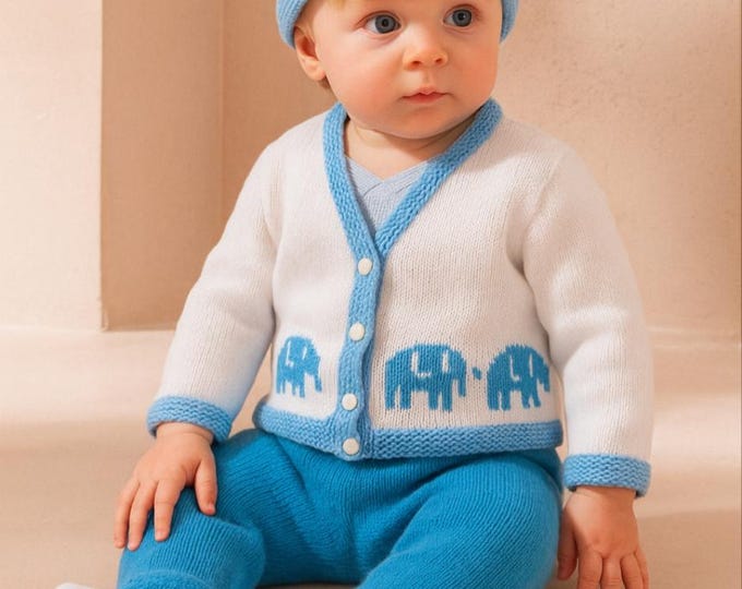Elephant Knitting Pattern for Baby Sweater Trousers and Hat 0-18 months, Elephant Jumper and Hat for Boy and Girl, digital download pattern