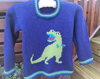 Knitting Pattern - Dinosaur Child's Sweater T-Rex 2-7 yrs, Tyrannosaurus Rex Boys patterns, Double Knitting Design for round necked jumper