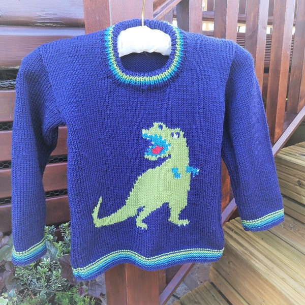 Knitting Pattern - Dinosaur Child's Sweater T-Rex 2-7 yrs, Tyrannosaurus Rex Boys patterns, Double Knitting Design for round necked jumper