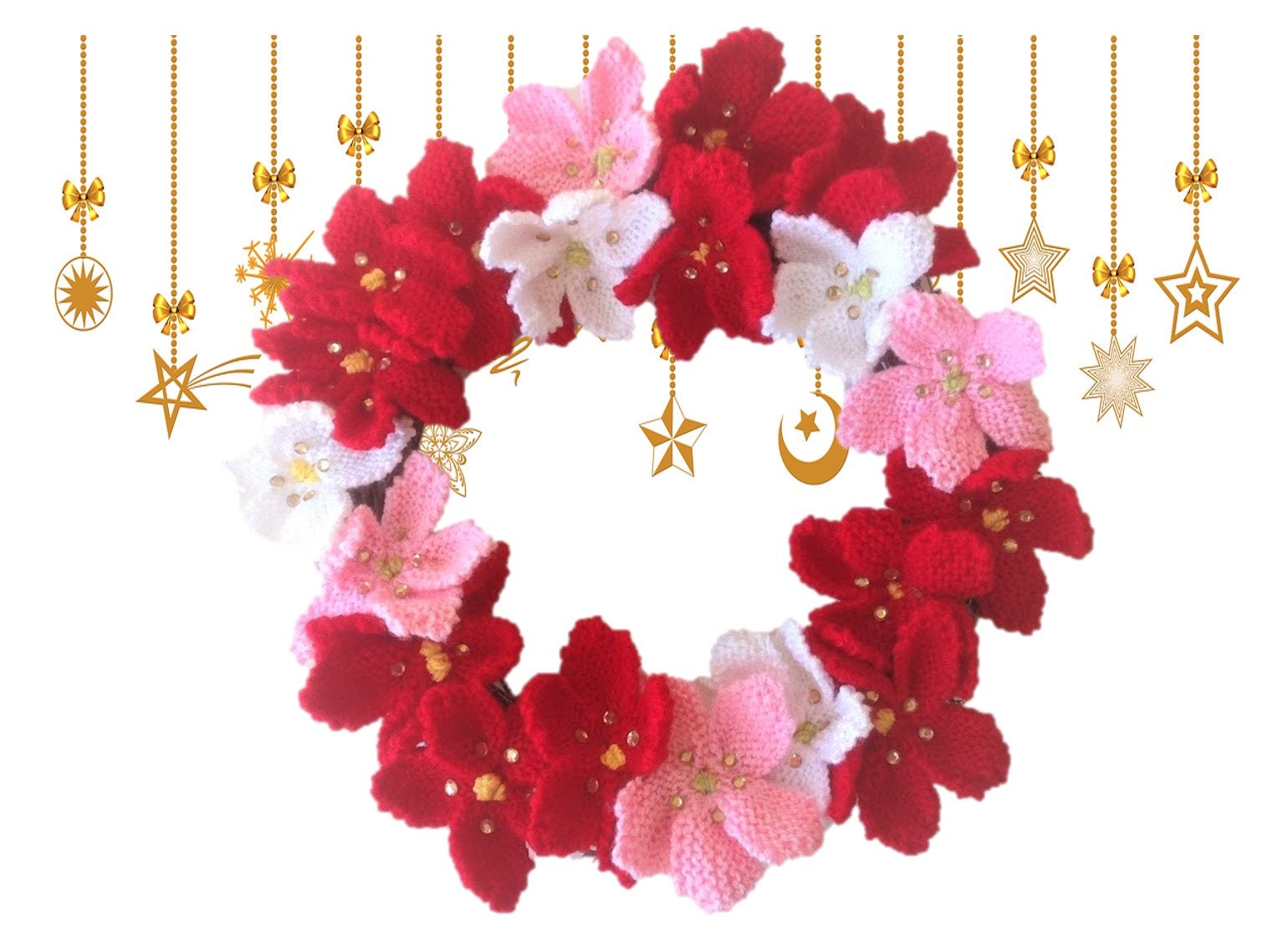 Knitted Poinsettia Christmas Wreath Knitting Pattern For Poinsettias Christmas Flowers Christmas Wreath Front Door Christmas Wreath