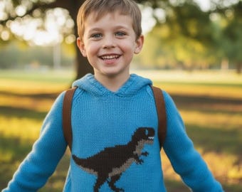 Dinosaur Hoodie Knitting Pattern: T-Rex Jumper, Child Sizes 2-12 years (PDF Pattern)