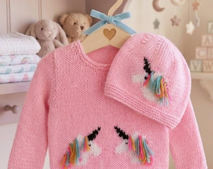 Baby Unicorn Sweater Knitting Pattern: Hat & Jumper, DK yarn, 0-18 Months (Digital Download)