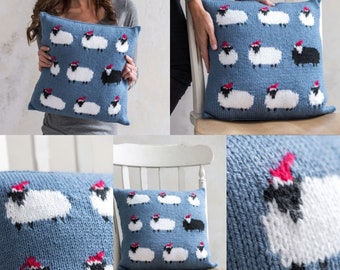 Knitting Pattern for a Sheep Cushion using Aran or Worsted Wool, Pillow with  Sheep in Christmas Hats, Knitting Patterns