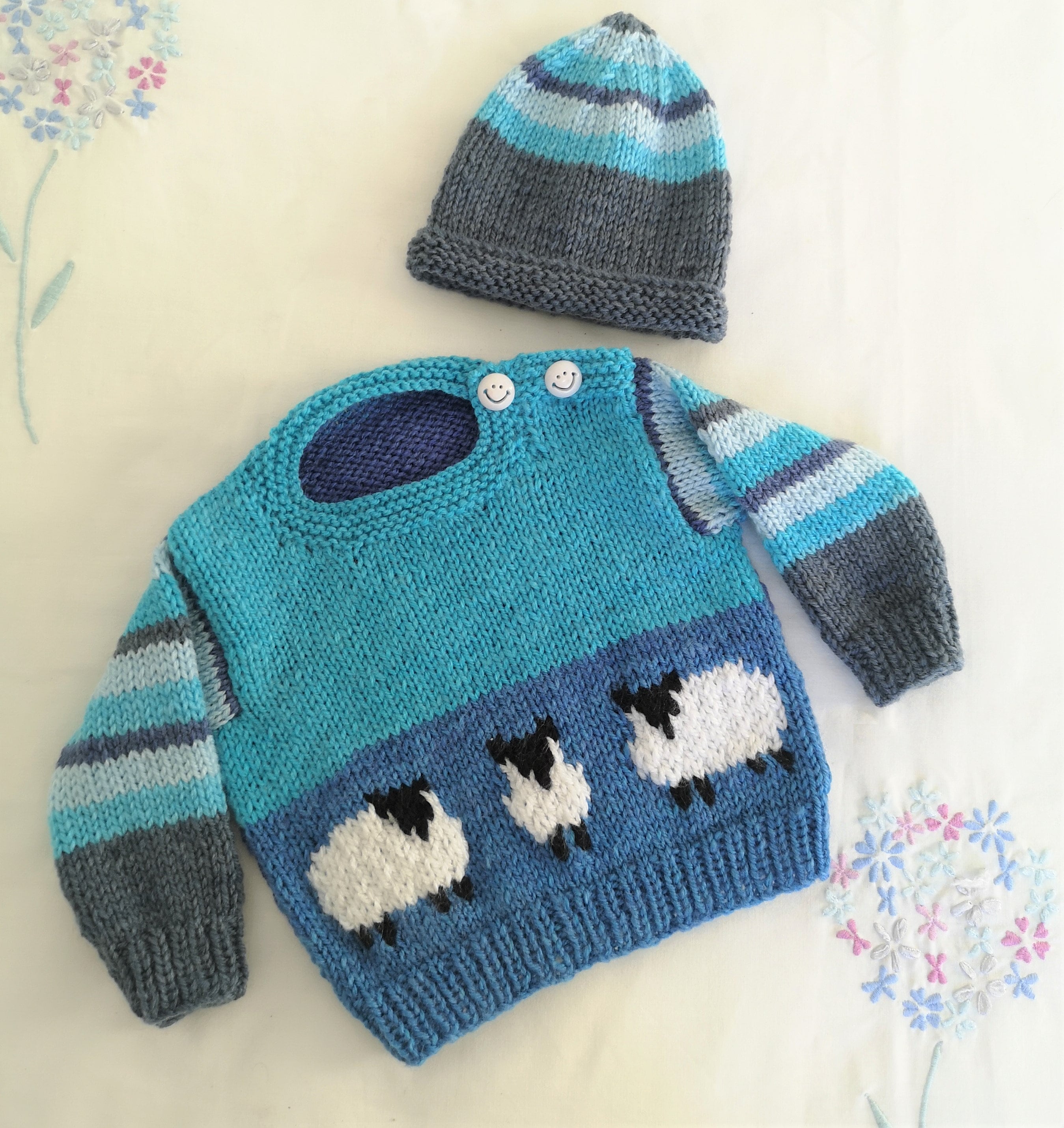Knitting Pattern for Sheep Baby Sweater and Hat, Aran Worsted Jumper