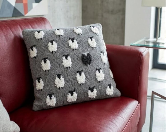 Sheep Cushion Knitting Pattern: Lambs on the front and stripes on reverse (Digital Download)
