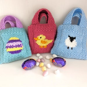 Easter Goodie Bag Knitting Pattern,  Handmade Gift Bags, Sheep, Lamb, Rabbit, Chick and Easter Egg motifs, Pdf digital download