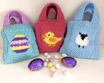 Easter Goodie Bag Knitting Pattern,  Handmade Gift Bags, Sheep, Lamb, Rabbit, Chick and Easter Egg motifs, Pdf digital download