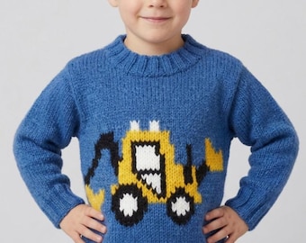 Kids Digger Sweater Knitting Pattern, Child Sizes 4-13, Aran Yarn (Digital Download)