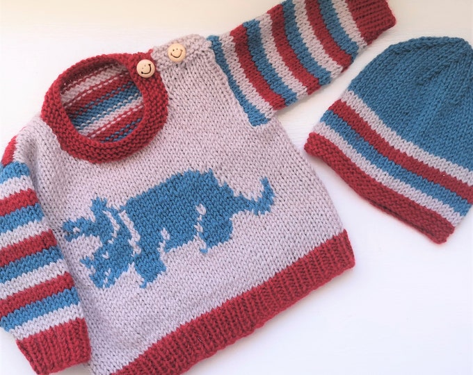 Knitting Pattern - Dinosaur Baby Sweater and Hat, Triceratops Dinosaur Jumper for ages 0-2 years, Dino Aran Baby Knitted Outfit, 10 ply yarn