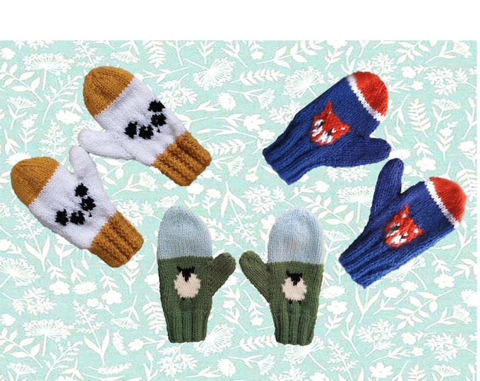 Aran knitting pattern for children's mittens, Intarsia animal gloves with panda, sheep and fox, 3 designs and 3 sizes, pdf digital download