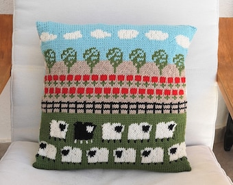 Knitting Pattern - Sheep and Poppies Cushion, Pillow Knitting Pattern with Sheep, Aran Sheep Fields Poppies Trees Sky Clouds Pattern