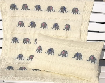 Knitting pattern for a Little Elephant Blanket and Pillow Set, Throw Knitting Pattern matching Cushion, Nursery Knitted Blanket and Pillow