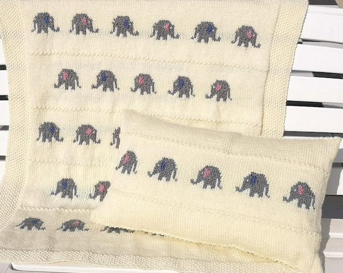 Knitting pattern for a Little Elephant Blanket and Pillow Set, Throw Knitting Pattern matching Cushion, Nursery Knitted Blanket and Pillow