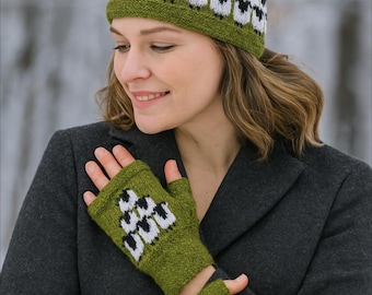Ladies Sheep Hat and Fingerless Gloves Knitting Pattern: Fair Isle DK Yarn (PDF Pattern)