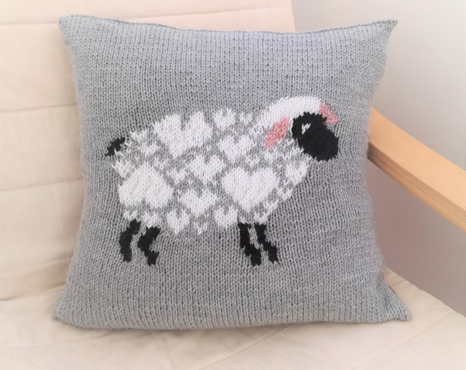 Knitting Pattern - Sheep and Hearts Pillow, Cushion Knitting Pattern for Sheep, Interior Design Cushion, Digital Download Cushion Pattern