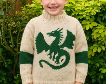 Knitting pattern for boys and girls dragon sweater 4-13 years, Dragon Aran jumper and hat, 10 ply Children's pattern, Digital download pdf
