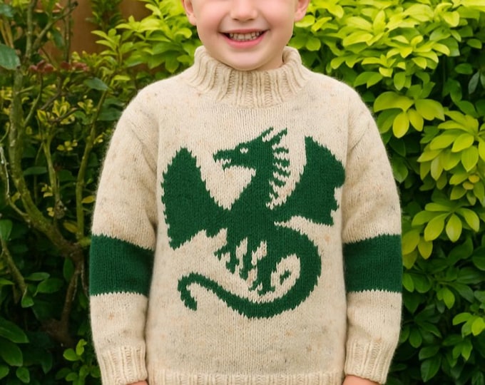 Knitting pattern for boys and girls dragon sweater 4-13 years, Dragon Aran jumper and hat, 10 ply Children's pattern, Digital download pdf