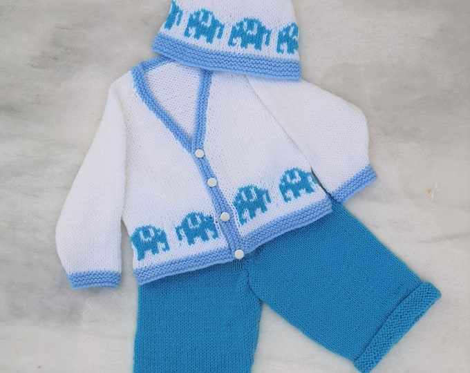 Elephant Knitting Pattern for Baby Sweater Trousers and Hat 0-18 months, Elephant Jumper and Hat for Boy and Girl, digital download pattern