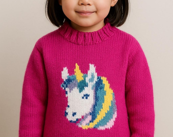 Knitting Pattern for Unicorn Chunky Child's Sweater, Children's Unicorn Digital Pattern for ages 4 to 11 years with 12 ply yarn, Bulky Knit