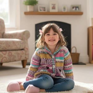 May include: A young child wearing a colorful knit cardigan with pink, blue, and yellow stripes, paired with blue jeans and pink slippers. The child is sitting on a white rug in front of a fireplace.