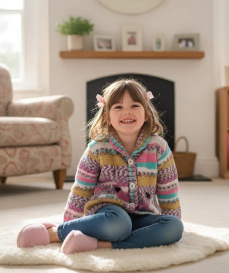 May include: A young child wearing a colorful knit cardigan with pink, blue, and yellow stripes, paired with blue jeans and pink slippers. The child is sitting on a white rug in front of a fireplace.