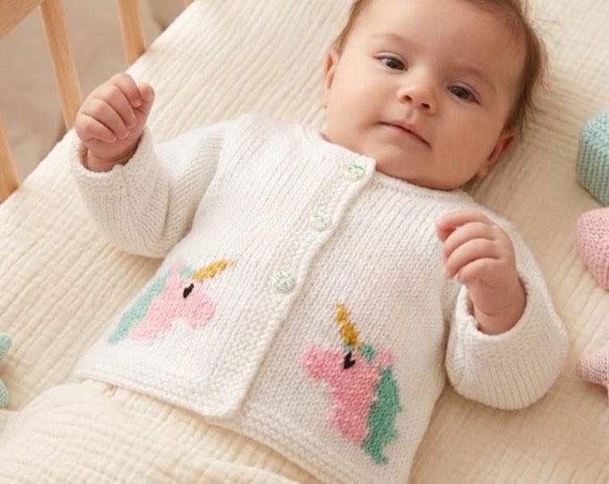 Baby Unicorn Cardigan Knitting Pattern: DK Jacket & Hat (0-18 Months) (Digital Pattern)
