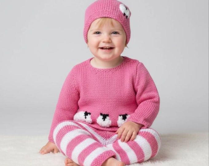 Sheep Knitting Pattern Outfit: Baby Sweater, Trousers & Hat.DK Yarn (0-18 Months) (Digital Download)