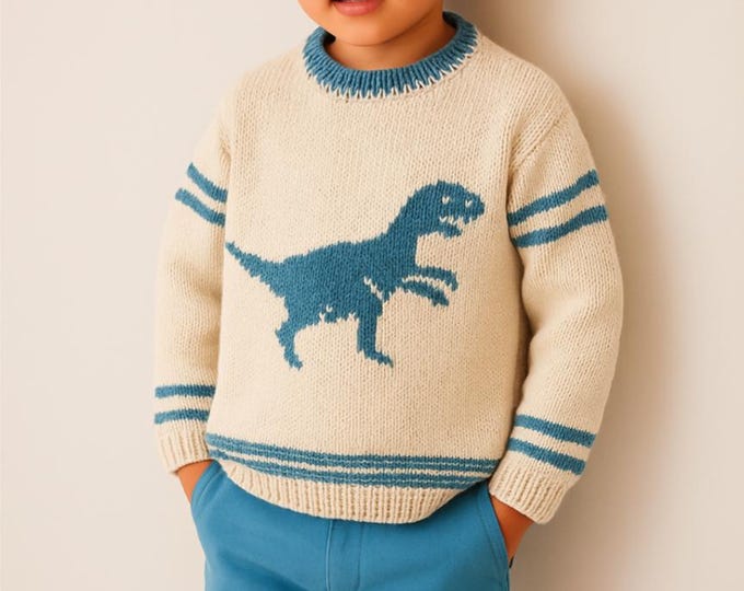 Knitting Pattern - Dinosaur Child's Sweater Velociraptor 2-7 years, Boys patterns, Double Knitting Design for round necked jumper, digital