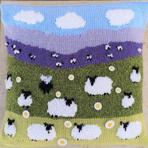 Knitting Pattern for Sheep Cushion, Pillow with Flock of Sheep & 1 Black Sheep on the Hillside, Sheep with daisies, pdf digital download image 3