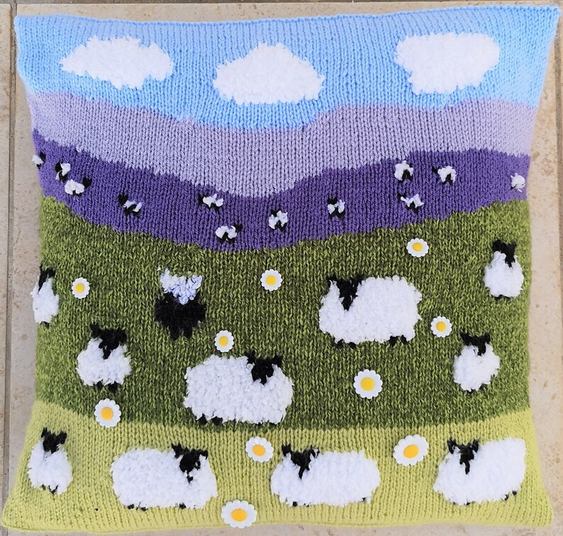 Knitting Pattern for Sheep Cushion, Pillow with Flock of Sheep & 1 Black Sheep on the Hillside, Sheep with daisies, pdf digital download image 3