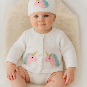 Knitting Pattern for Baby Unicorn Cardigan and Hat 0-18 months, Unicorn Jacket and Hat for Boy or Girl, DK 8 ply, Digital Patterns