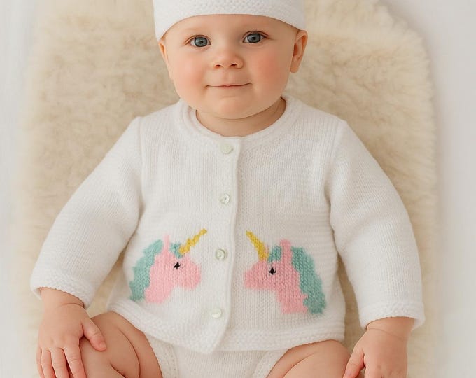 Knitting Pattern for Baby Unicorn Cardigan and Hat 0-18 months, Unicorn Jacket and Hat for Boy or Girl, DK 8 ply, Digital Patterns