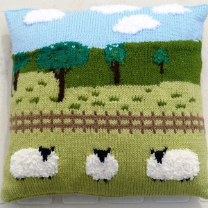 Knitting Pattern for Sheep in the Countryside Cushion, Pillow Knitting Pattern with Sheep, Sheep Fields Fence Trees Sky and Clouds Pattern image 1