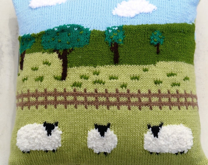 Knitting Pattern for Sheep in the Countryside Cushion, Pillow Knitting Pattern with Sheep, Sheep Fields Fence Trees Sky and Clouds Pattern