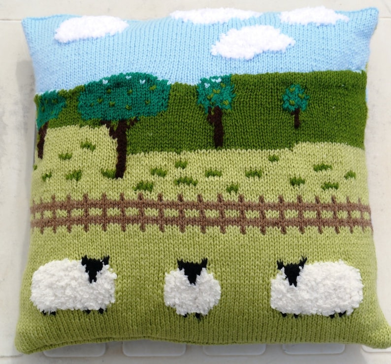Knitting Pattern for Sheep in the Countryside Cushion, Pillow Knitting Pattern with Sheep, Sheep Fields Fence Trees Sky and Clouds Pattern image 1