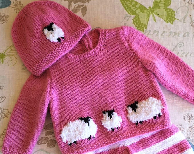 Knitting Pattern for Baby Sheep Sweater and Hat 0-18 months, Sheep Jumper and Hat for Boy or Girl, Sheep Sweater and Hat digital pattern