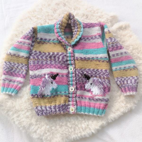 Knitting Pattern for Child's Unicorn Cardigan 1-7 years, Unicorn Jacket and Hat for Boy or Girl, Double Knitting, 8 ply, Digital Patterns