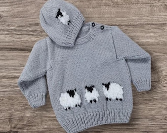 Sheep Sweater Knitting Pattern: Aran Jumper & Hat Set 0-2 years (PDF Pattern)