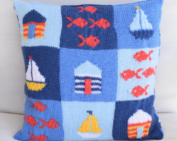 Knitting Pattern for a Seaside Cushion, Pillow with beach theme, Patchwork Knitted Boats, Knitted Beach Huts, Knitted Fish, digital download