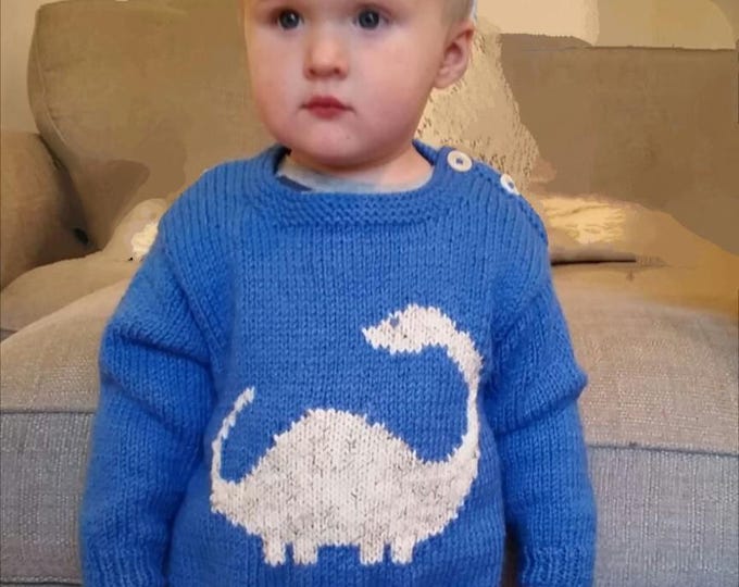 Knitting Pattern for Baby Dinosaur Sweater and Hat 3-24 months, Aran Sweater and Hat Diplodocus, Baby Jumper and Hat set, Digital Download