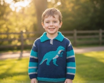 Dinosaur Sweater and Hat Knitting Pattern: T-Rex Design, 2-12 Years (Digital Download)
