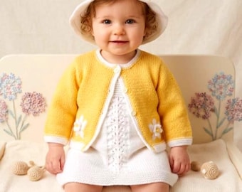 Baby Dress, Cardigan, Sun Hat Knitting Pattern – Daisy Lace Outfit 0-18 Months