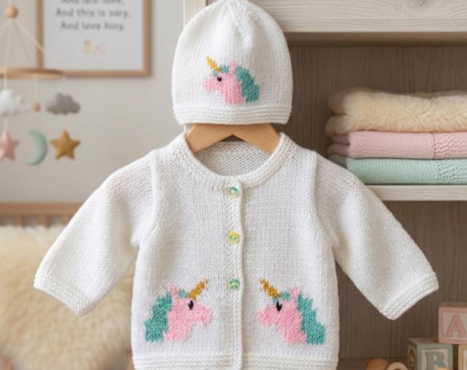 Baby Unicorn Cardigan Knitting Pattern: DK Jacket & Hat (0-18 Months) (Digital Pattern)