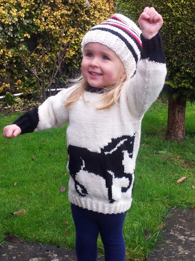 May include: A cream-colored long-sleeve sweater featuring a large black horse silhouette on the front, black cuffs, and a matching cream-colored knit beanie with black and red horizontal stripes.