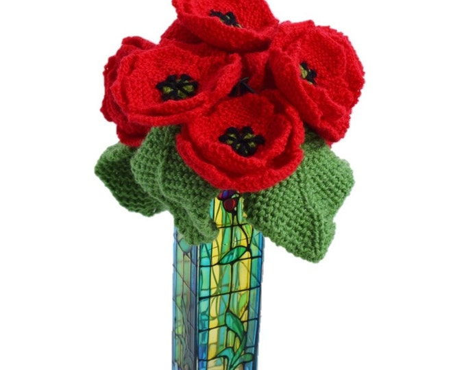 Knitting Pattern for poppies,  full stem poppies, knitted flowers,  floral display, knitted pansy, flower gift, knitted leaves