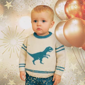 Knitting Pattern - Dinosaur Child&#39;s Sweater Velociraptor 2-7 years, Boys patterns, Double Knitting Design for round necked jumper, digital