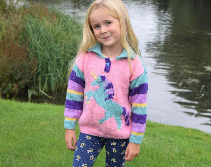 Unicorn sweater and hat knitting pattern. Ages 2 to 10 years.  Aran/Worsted (10 ply) yarn