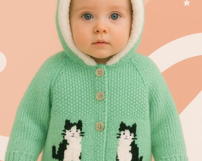 Knitting Pattern: Child's Cat Hoodie, Birth to 8 Years, DK yarn (Digital Download)